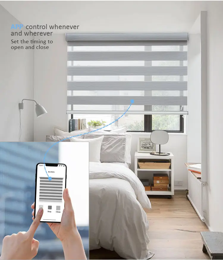 Customized Light Filtering Wifi Electric Auto Motor Motorized  Smart Blackout Zebra Blinds for Window