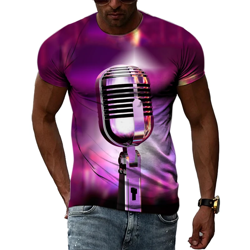 Summer Fashion Music Element Pattern T-shirt Hip-Hop Trend Microphone Printing Tops Casual Novelty Men\'s Short Sleeved Clothing