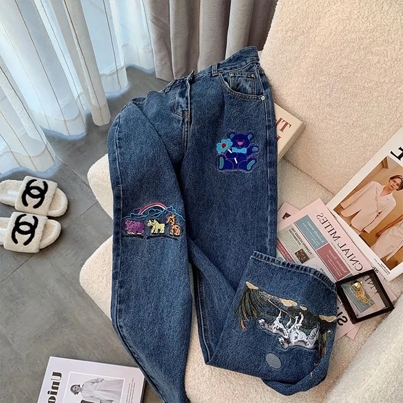 Casual Cartoon Y2k Appliques Baggy Jeans Women Summer Loose High  Waist Vintage Denim Pant Kawaii Harajuku Fashion Denim Trouser