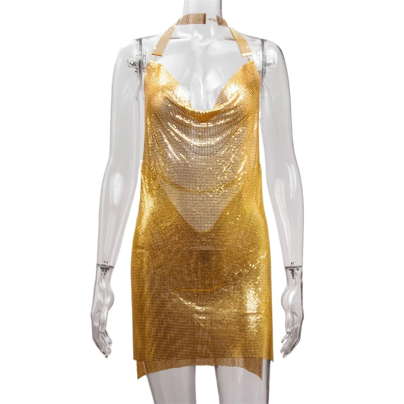Musik Festival Frauen Sexy Pailletten Minikleid Metallic Zubehör Mesh Körper Kette Nachtclub Party Kleider Rückenfrei Prinzessin Retro – Detail 4