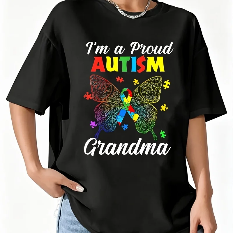 I'M a Proud Autism Grandma Puzzle Ribbon Butterfly Awareness t Shirt Women's 100% Cotton T-Shirt Short Sleeve Top Casual Round Neck Fun Print Tee S-5Xl