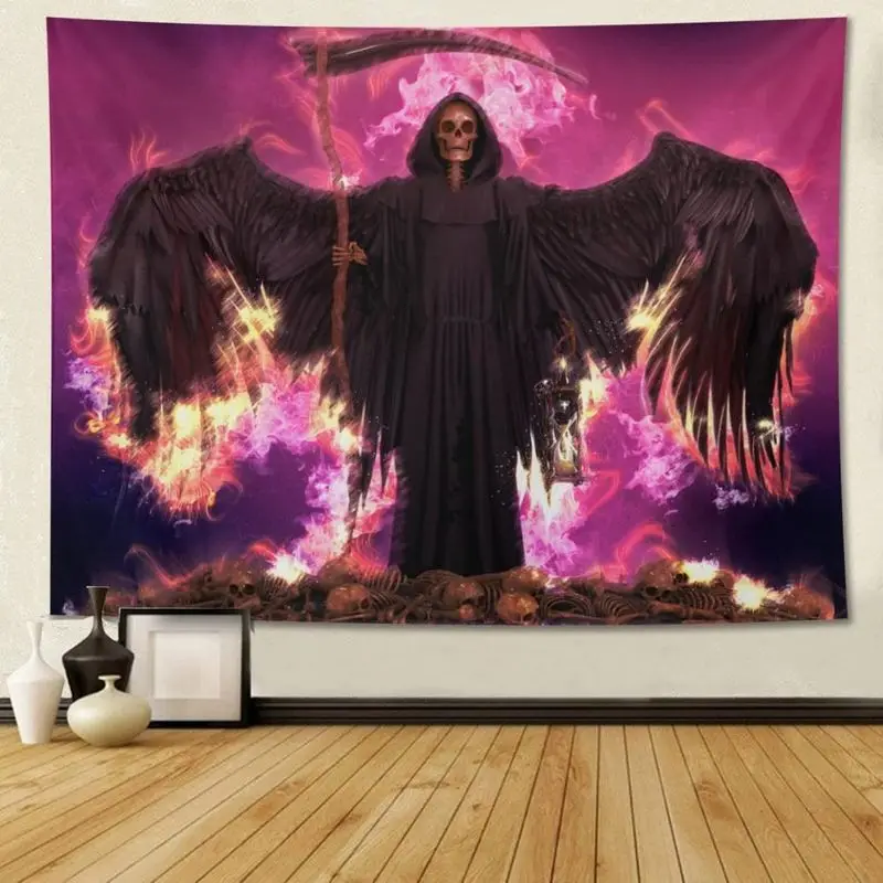 VIKAMA Gothic Grim Reaper Dark Angel Skull Purple Flame Tapestry Horror Wall Hanging Dorm Bedroom Decor