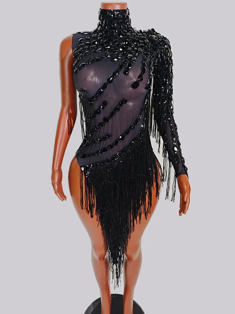 

Luxury Black Rhinestones Dress Fringed One Shoulder Latin Dance Outfits Go Go Femme Spectacle Stage Drag Queens Costume Birthday
