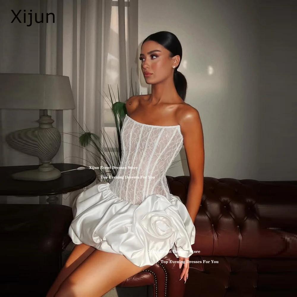 Xijun Ivory Short Wedding Dresses Lace Sleeveless A-Line Mini Bridal Gowns Strapless Flower Modern Wedding Party Gowns Customize