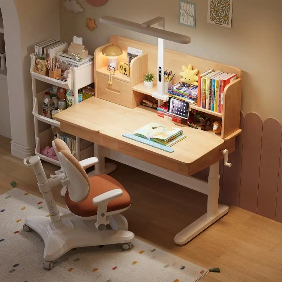 *Multifunctional Modern Wooden Kids Study Table Drawer Built Eye Care Lamp Ergonomic Design for Children Home Learning Writing