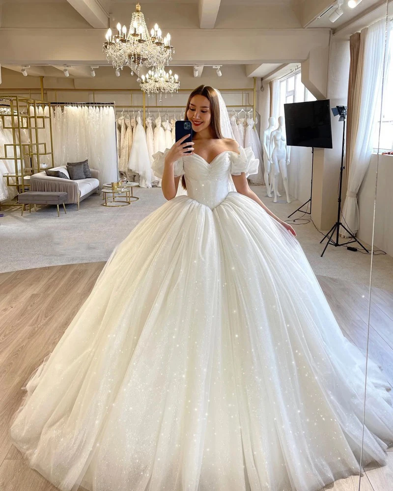 

E JUE SHUNG Glitter Ball Gown Luxury Wedding Dresses Sweetheart Off the Shoulder Lace Up Back Bridal Gowns Robe De Mariee