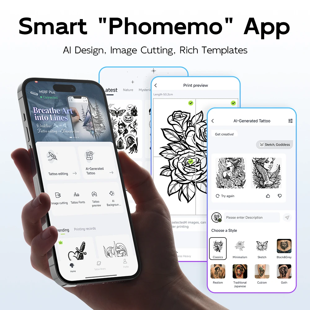 طابعة استنسل الوشم Phomemo M08F Plus مع شاشة تعمل باللمس، آلة طابعة الوشم بلوتوث مع 10 قطع من ورق نقل ممتاز #5