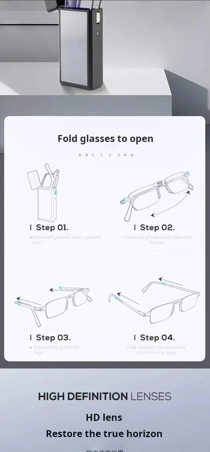 Mode Klapp Edelstahl Lesebrille Kompakte Tragbare Feuerzeug Fall Presbyopie Brille Business Hyperopie Brille – Detail 5