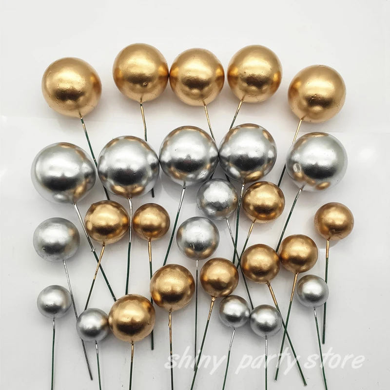 10pcs/Set 2/2.5/3/4cm Cake Decoration Golden Ball Silver Ball Baking Decor Supplies Birthday Party Accessories Card Insertion