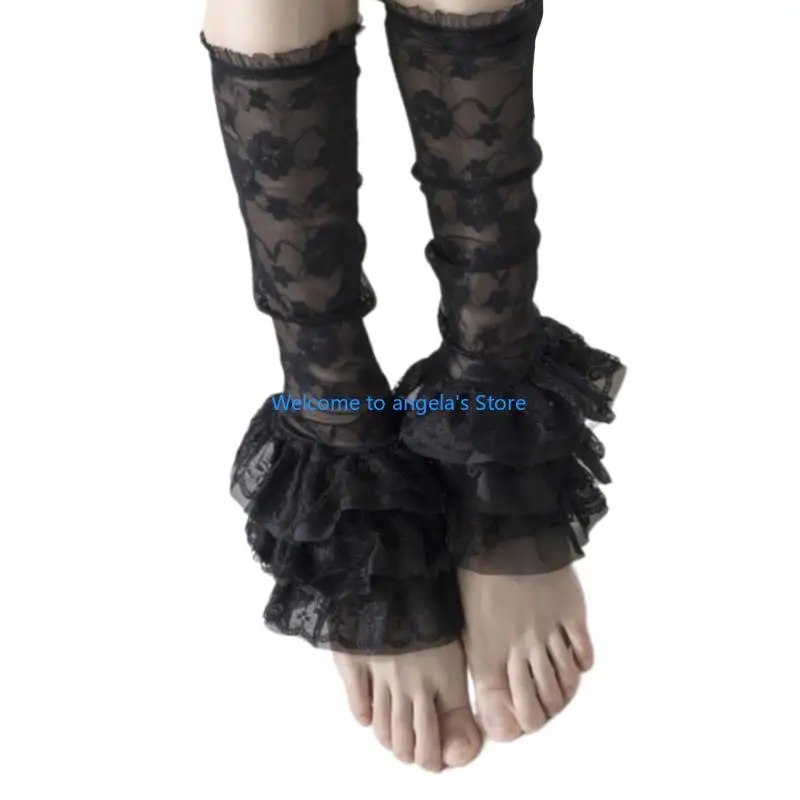 X4YC Elegant Footless Sock Layered Ruffle Lace Flower Leg Warmers Covers Footwear