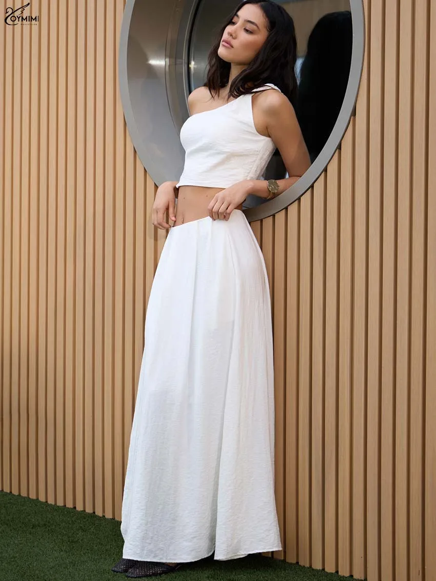 Oymimi, conjunto elegante blanco de 2 piezas para mujer, conjunto de Tops cortos con tirantes finos simples a la moda + faldas holgadas hasta el suelo de cintura media