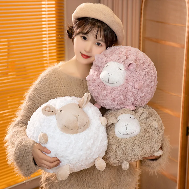 Fluffy Lamb Ball Plush Toy Cartoon Eyes Closed Open Pink White Brown Standing Farmland Sheep Animal Plushie Peluche Present