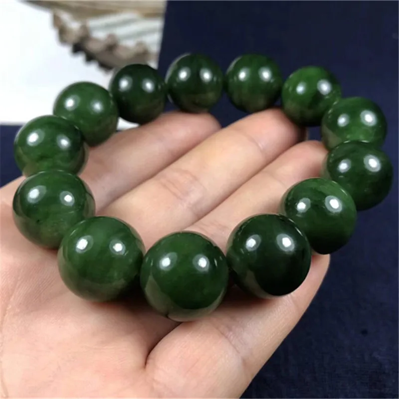 

Natural Hetian Jade Jasper Men, Large Round Beads, Spinach Green Bracelet