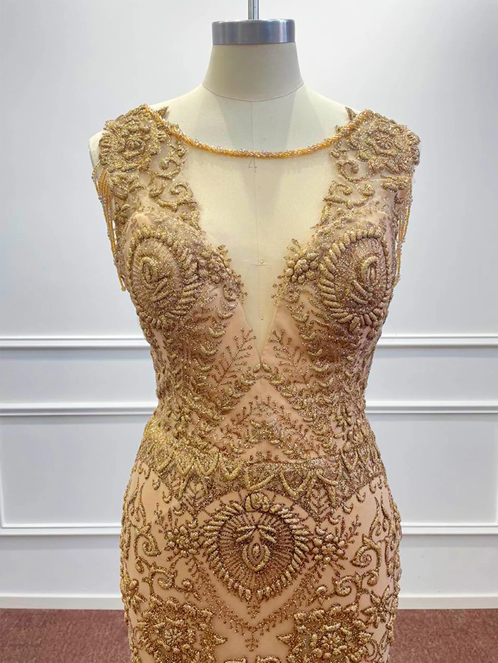 Robe de Soirée de Forme Sirène en Broderie Dorée, Tenue Luxueuse, Arabe, avec des Appliques Perlées, pour un Gala