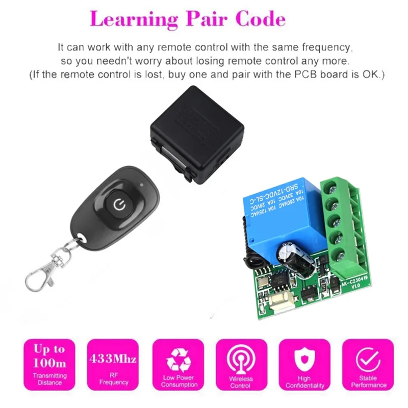 

【A42U】Universal Remote Control Switch 433 Mhz DC 12V 10A Relay Receiver For Garage Door LED For Gate