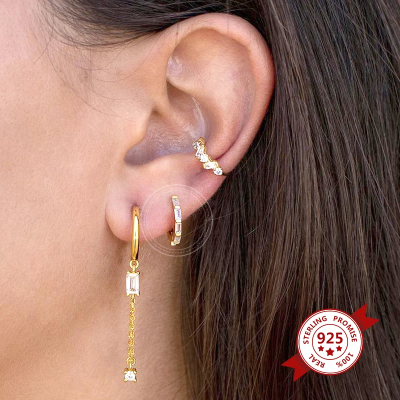 925 Sterling Silver Ear Needle Hoop Earrings Crystal Circle Small Huggie Earrings for Women Simple Females Girls Jewelry