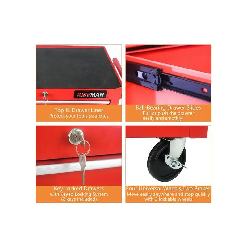7 Drawer Multi-Functional Tool Cart with Wheels - Red Storage Solution for Garage or Workshop