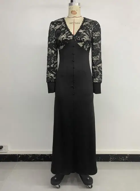 

Women's Dress 2025 Fashion Simple Style Unique Elegant New Party Date Sexy Retro Style V-Neck Lace Patchwork Long Sleeved Dress