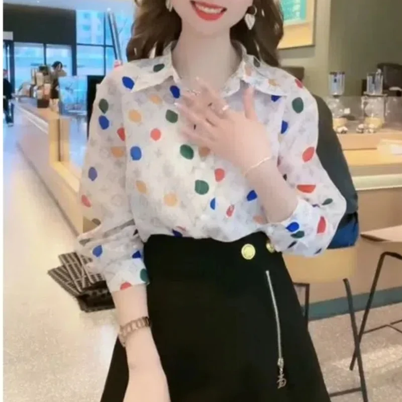 Fashion Prepry Style Spring Autumn New Blouses Women Polo Collar Cardigan Button Printed Polka Dot Loose Sweet Long Sleeve Shirt