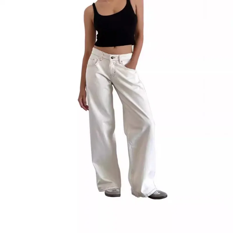 

Women's Y2K Vintage Zipper Button Low Waist Jeans Low Waist Trousers with Pockets Aesthetic Streetwear Distressed Mom Jeans