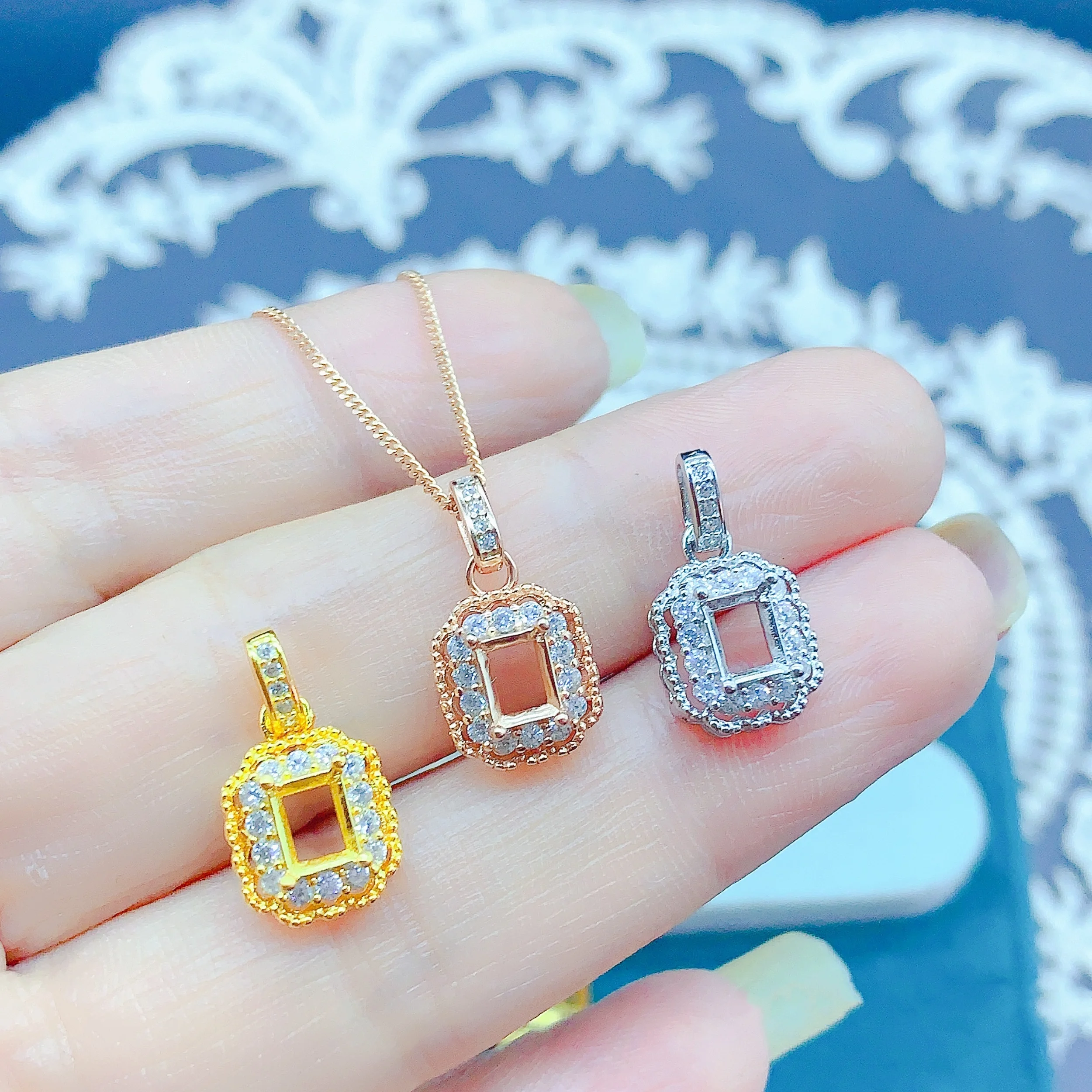 

S925 Silver Inlay Rectangular 4*5mm Pendant Women DIY Empty Support Holder Light luxury Wedding Birthday Gift Jewelry Accessory