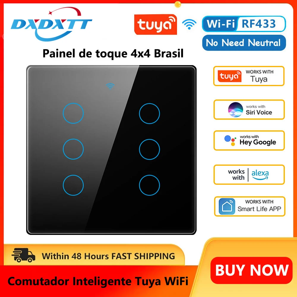 

Tuya Wifi Smart Switch Brazil Standard 4*4 No Neutral Wire Touch-Sensor 4/6Gang Wall Switch RF433 Smart Life Alexa Google Home