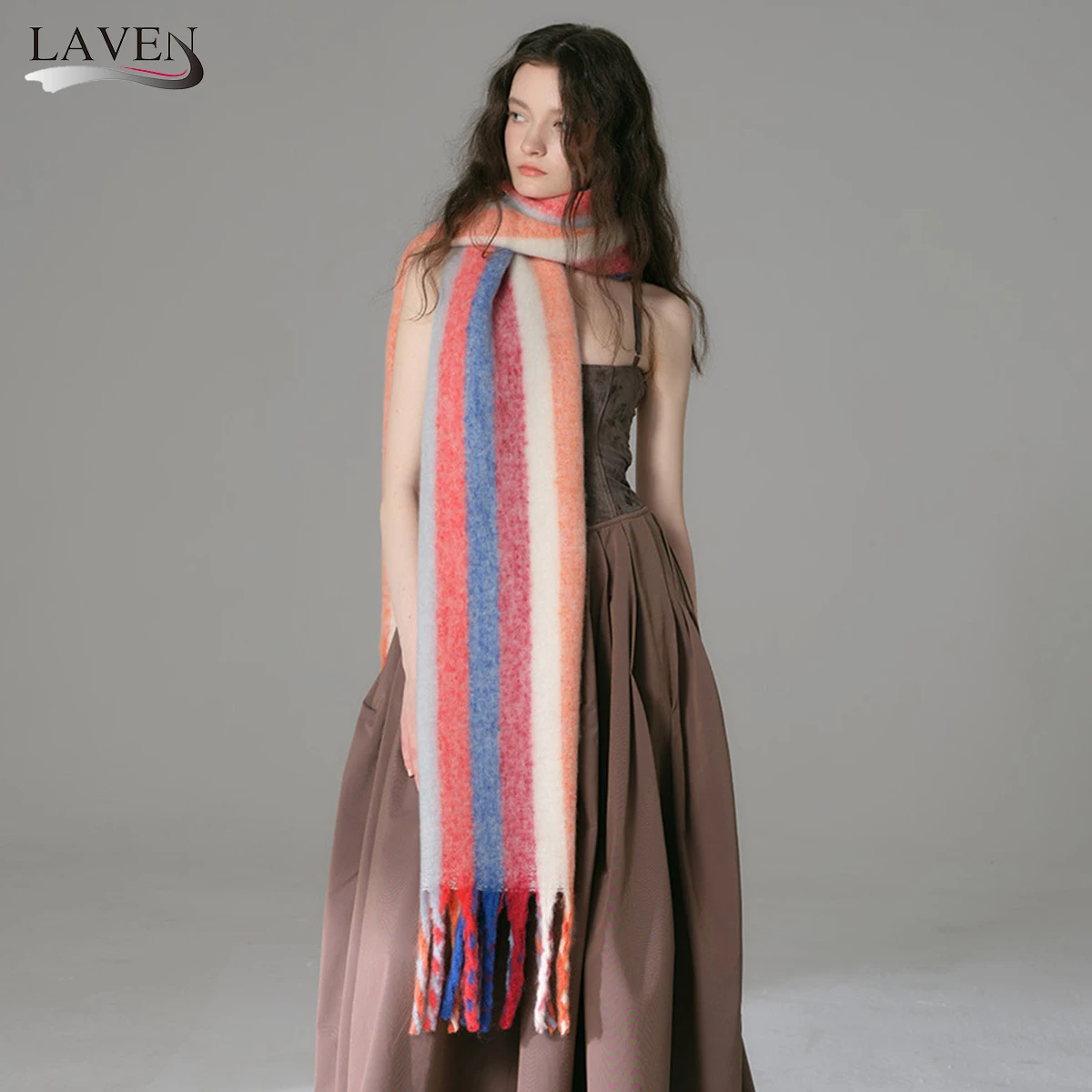 

Fashion Colorful Striped Cashmere Scarf Women Winter Warm Scarves Thickened Rainbow Tassel Neck Shawl Versatile Female Muffler
