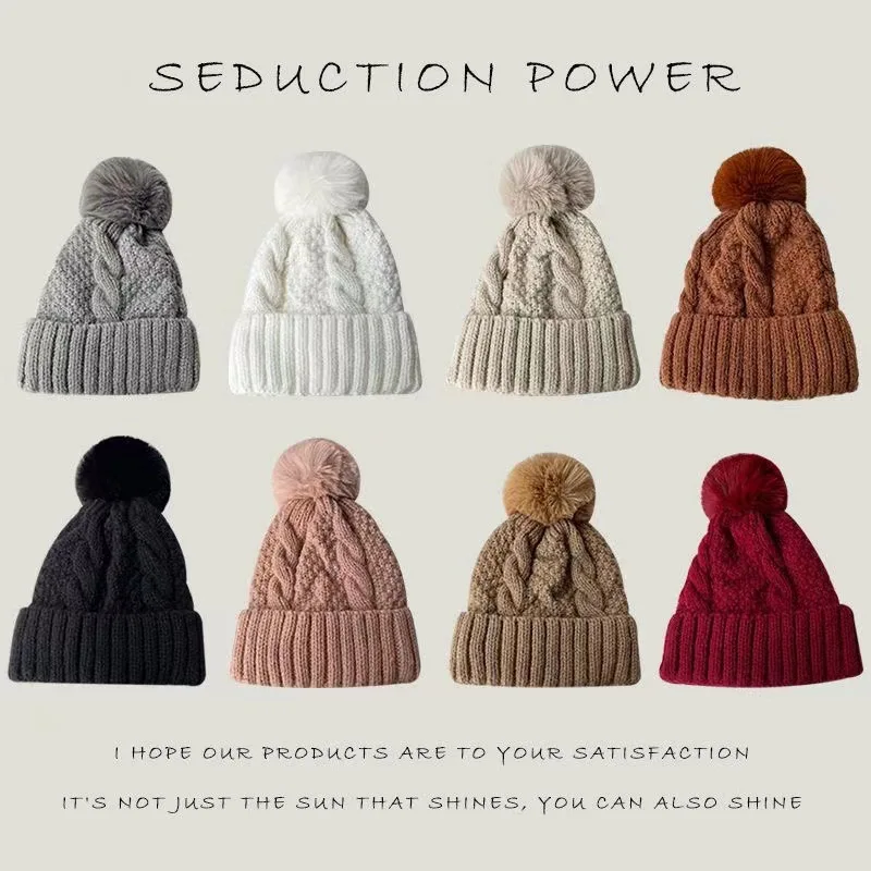 Women's Solid-Colour Knitted Wool Hat with Fleece Lining Winter New Arrival Cotton Beanie - Versatile and Warm