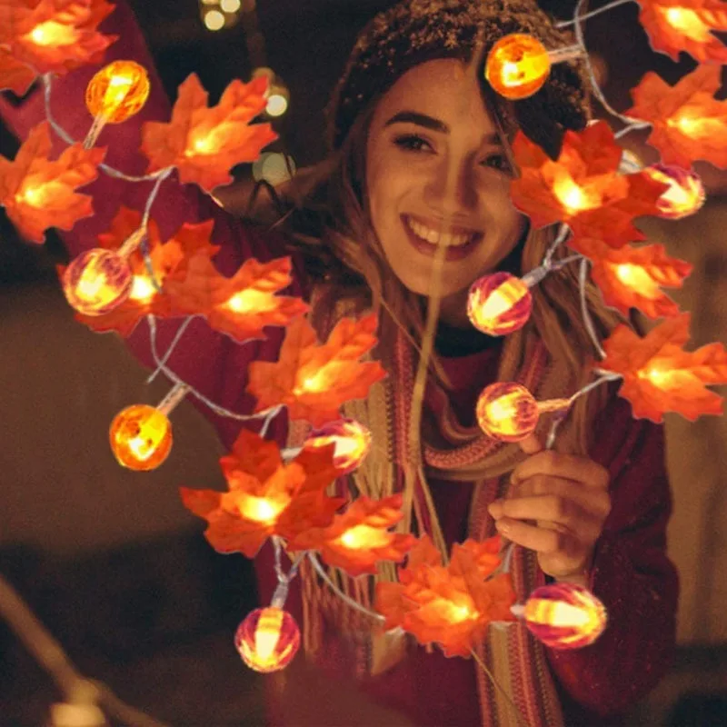 1pc, 10/20LED Thanksgiving Halloween Maple Leaf Pumpkin Decorative Light, Battery Powered, Fairy String Decorative Light String