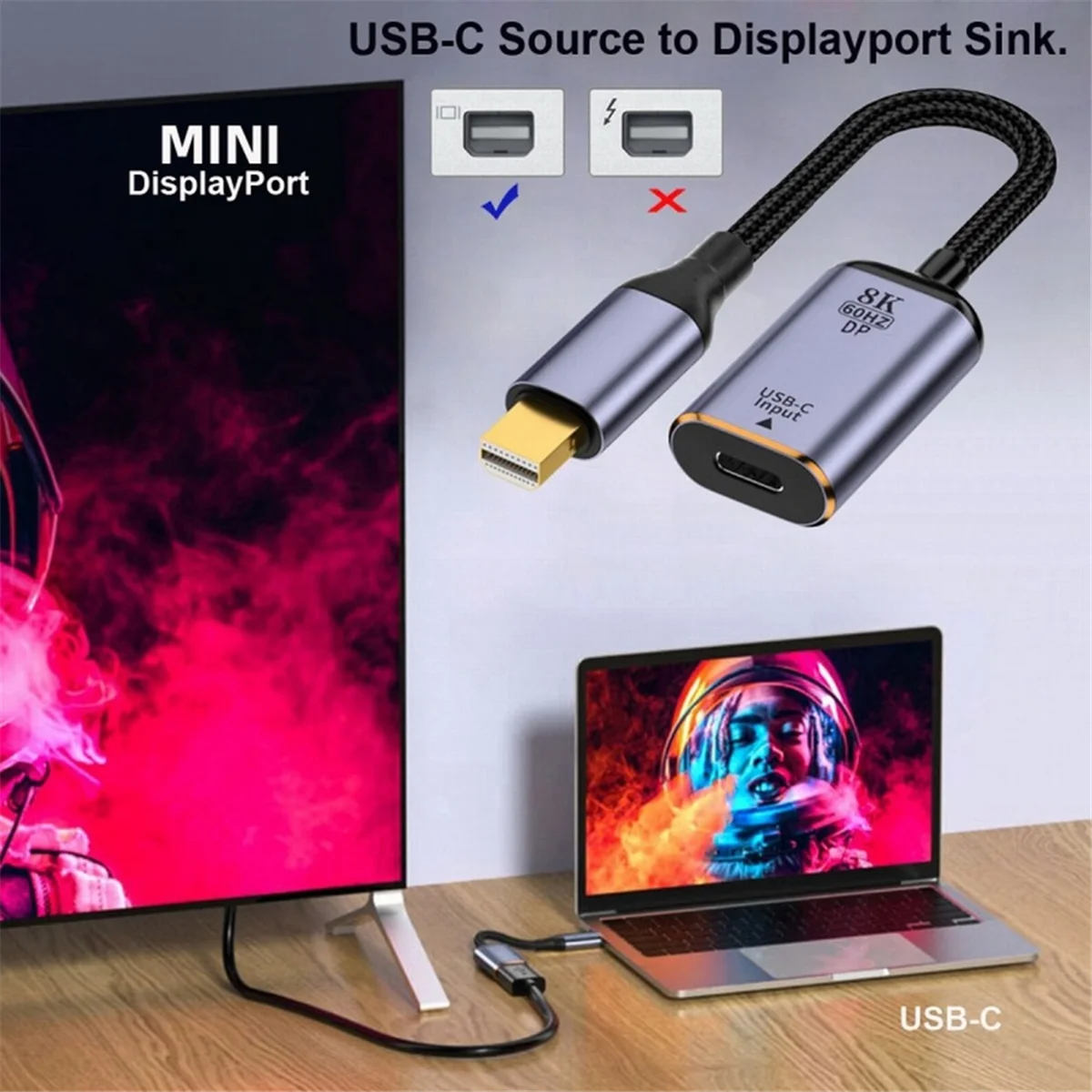 USB-C para mini displayport adaptador conversor USB-C tipo c fonte fêmea para mini displayport 1.4 8k 60hz para tablet telefone
