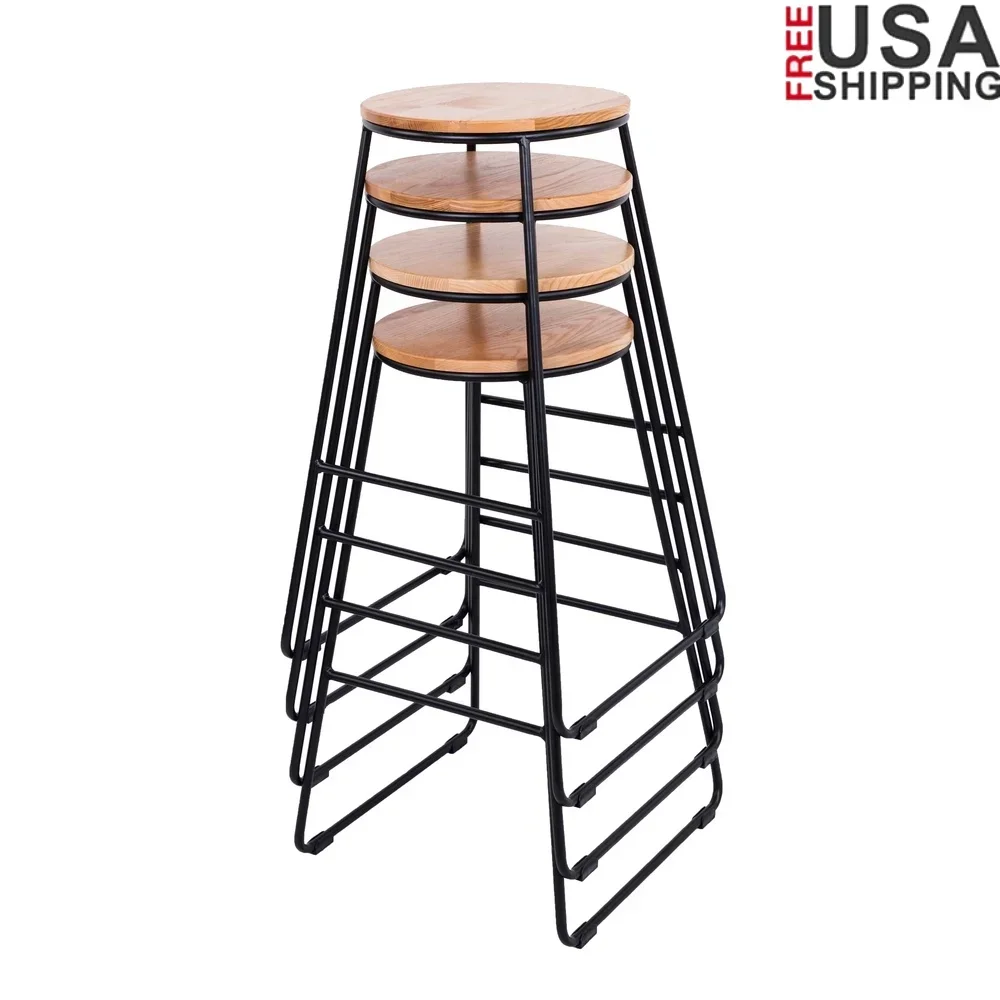 

Set of 4 28 Inch Stackable Backless Stools with Black Metal Frame and Natural Wood Seat Kitchen Dining Room