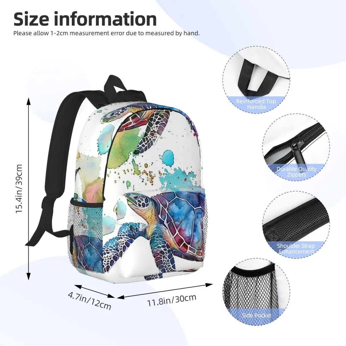Watercolor Sea Vibrant Rainbow Turtle Backpack Daypack Large Capacity Boys Girls BookBag Shoulder Bags for Men Women School Bag