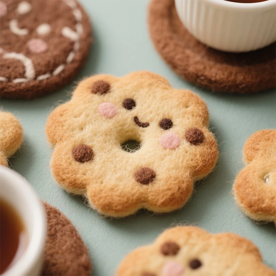 Unfinished Cookies Coaster Wool Felt Kit Creative Cute Gift Ornaments Needle Felting Starter DIY Material with Free Tools