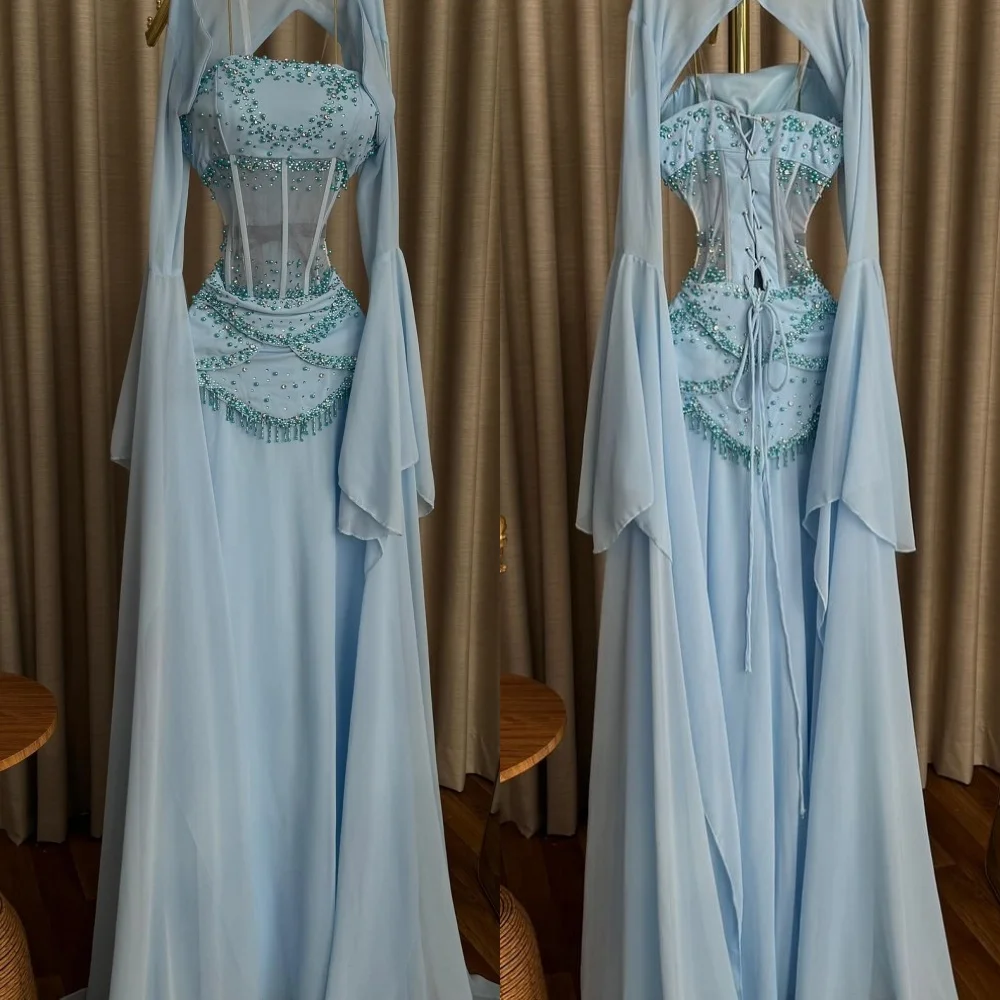 

Customized Formal Chiffon Pleat Sequined Beading A-line Strapless Long Dresses Bespoke Occasion Party Chinese Style