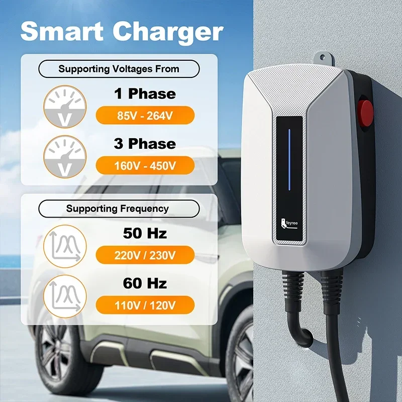 feyree EVSE Wallbox EV Caricatore Type2 32A 7KW 1 fase IEC62196-2 Spina Stazione di ricarica per veicoli elettrici Caricatore per auto Cavo da 5 m