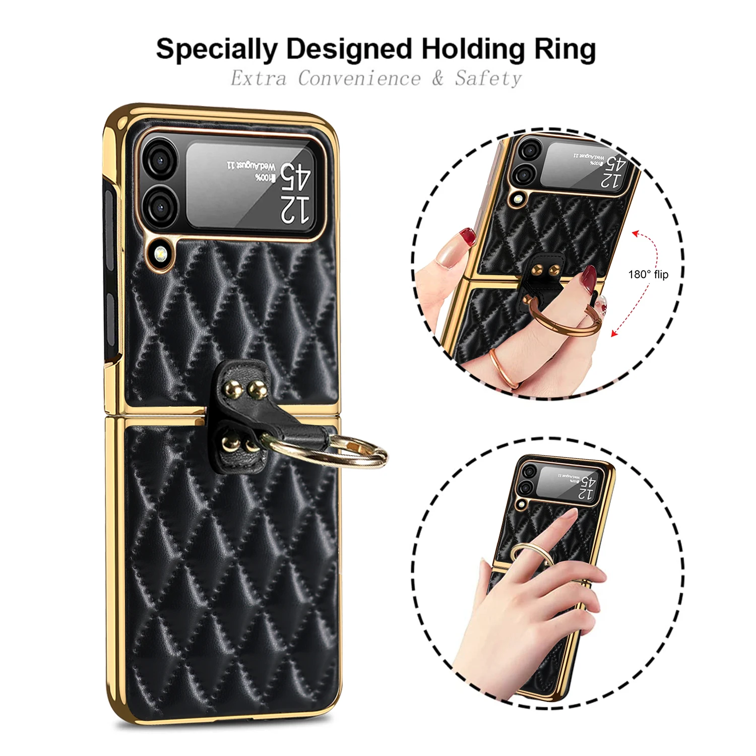 Vietao Luxus-Leder-Handyhülle für Samsung Galaxy Z Flip 8/7/6/5/4/3 mit vergoldetem Ringständer – Objektivschutzfolie, Pink – Detail 8
