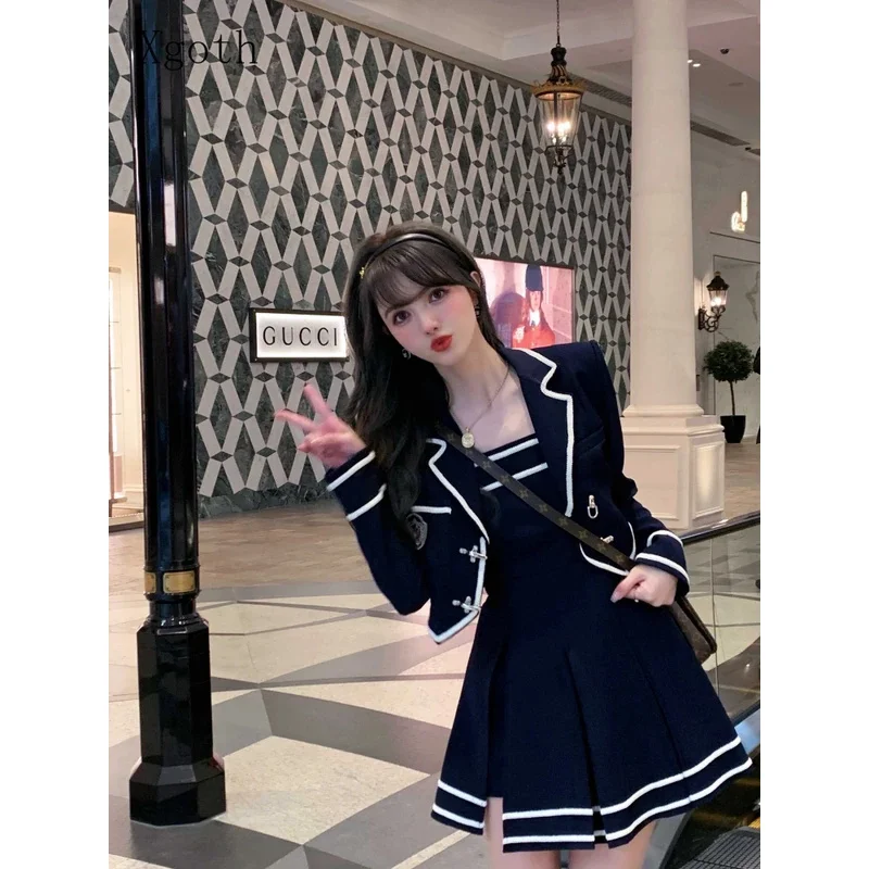 Navy blue blazer dress 2PCs suits 2022 trendy French high-end spring simple stripes crop blazer elegant suspenders dress ol set