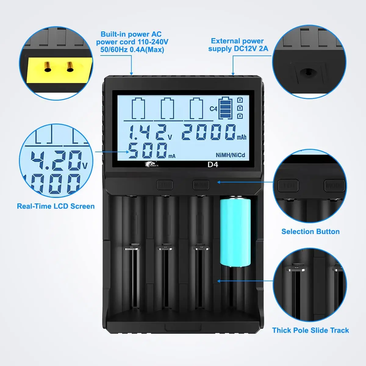 IMREN 100% Original D4 USB QC Battery Charger Intelligent Circuitry Global Insurance Li-ion A AA AAA AAAANi-MH 18650 21700 26650