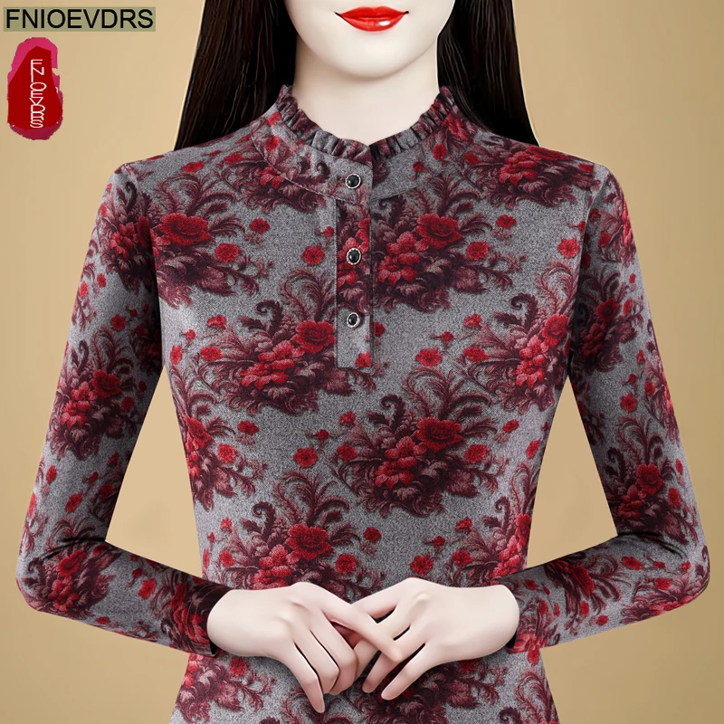 Retro Vintage Bloemenprint Fluwelen Tops Nieuw Design Dames Lange Mouw Bloemen Opstaande Kraag Knop Basics Shirts Blouses