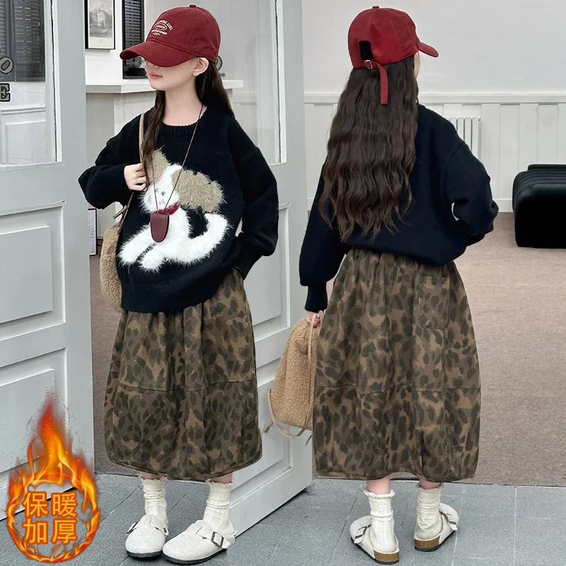 Autumn/Winter teen girls Casual black Plush cartoon dog sweater/Leopard long skirt junior kid clothes child Knitted pullover top