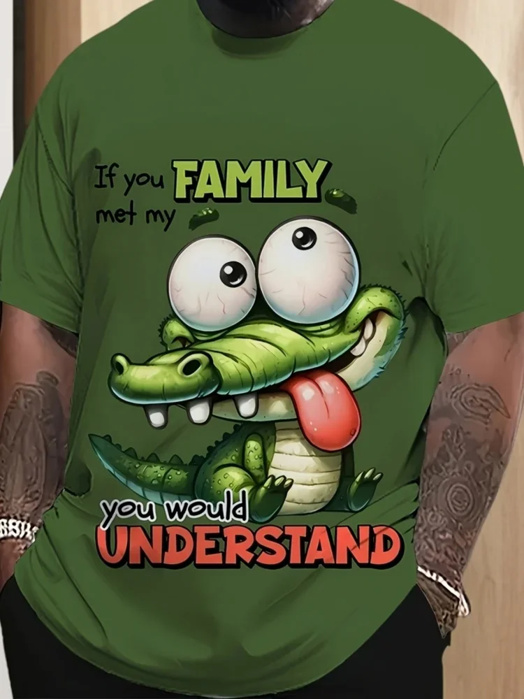 Lustiges Herren-T-Shirt mit Krokodil-Cartoon-Print und der Aufschrift „If You Met My Family“, lässiges T-Shirt mit Rundhalsausschnitt und Buchstaben-Aufdruck