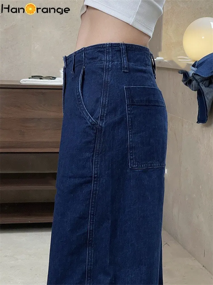 HanOrange 2024 Early Spring Vintage Fashion Wide Leg Jeans Women High Waist Loose Casual Denim Pants Female Dark Blue