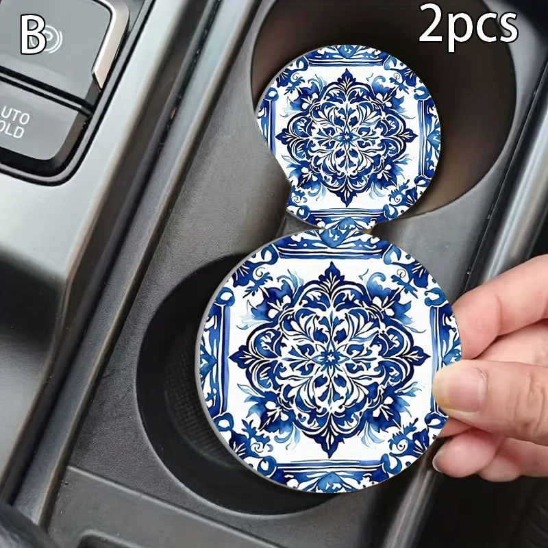 Blue Tile Car Coasters for Women, Leather Waterproof Non-Slip Cup Holder Pads, Aesthetic Mediterranean Car Decor