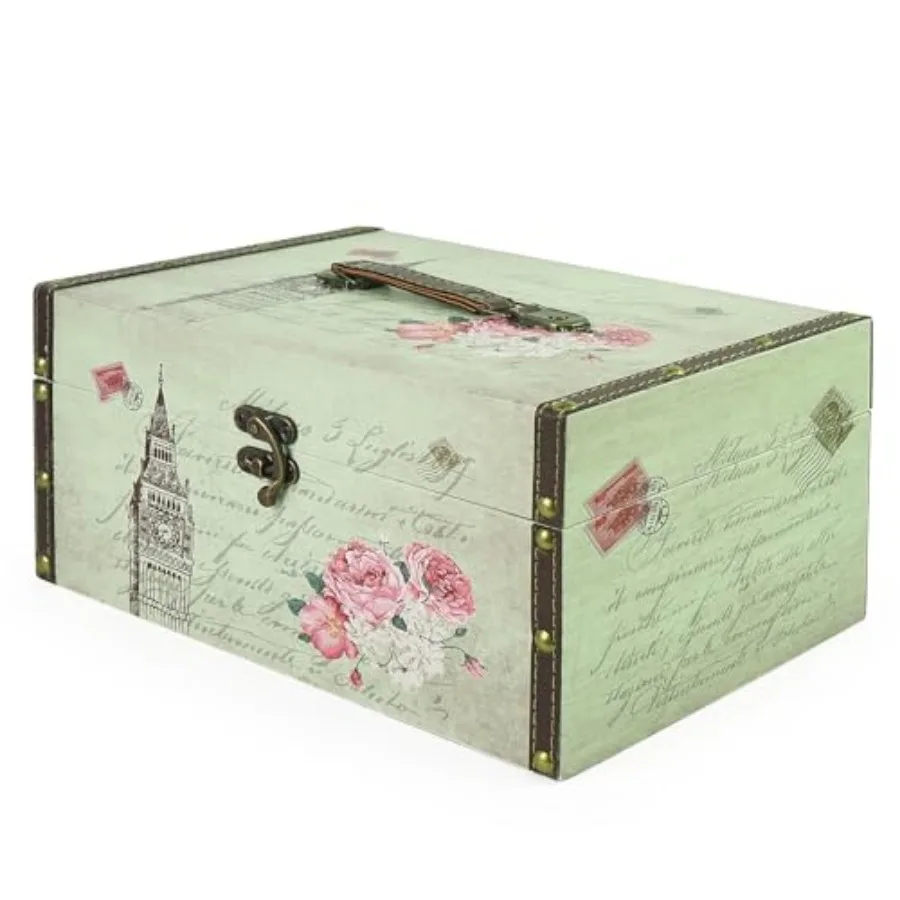

Small Wooden Decorative Storage Box with Handle - Wood Leather Treasure Chest Trunk Keepsake Vintage Suitcase, 11.8" x 7.8" x 5