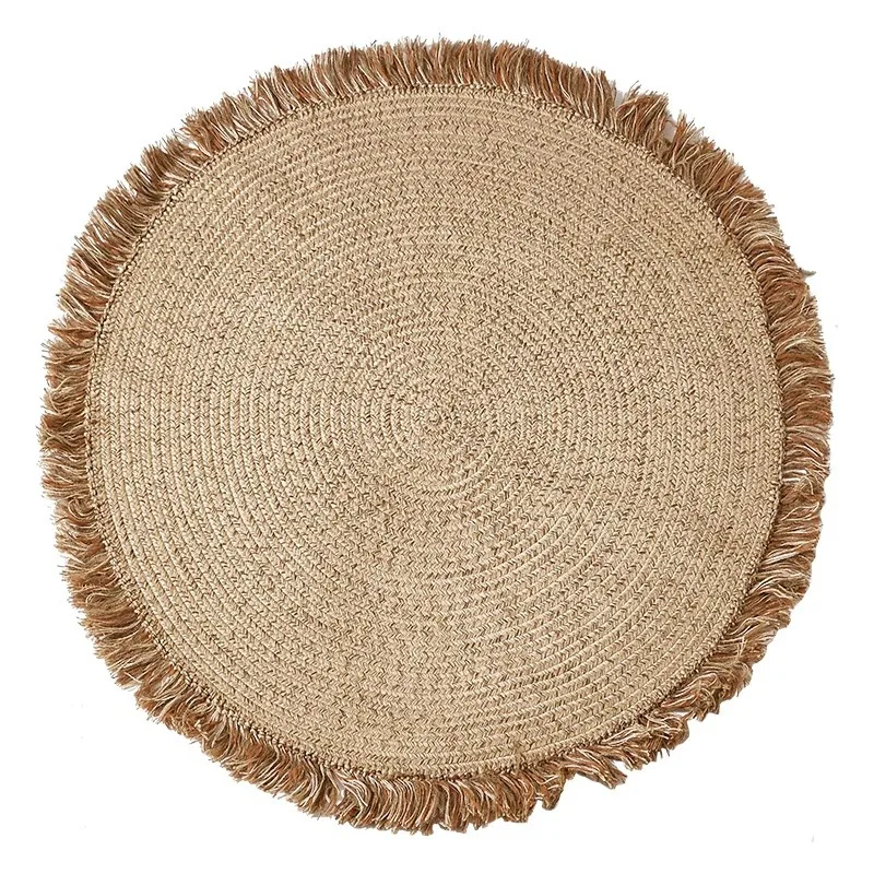 

Jute woven wabi sabi round carpet living room simple homestay woven coffee table bedroom bedside fringed glue-free carpet