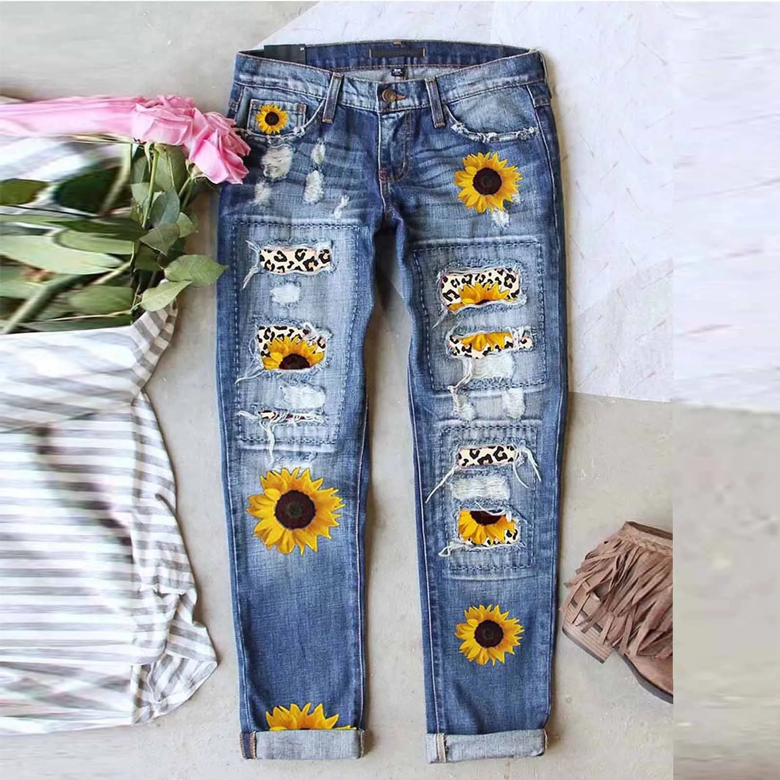 

Women's Sunflower Print Ripped Jeans Patchworks Regular Fit Long Casual Denim Jeans Holes Trousers Streetwear Denim Pencil Pants