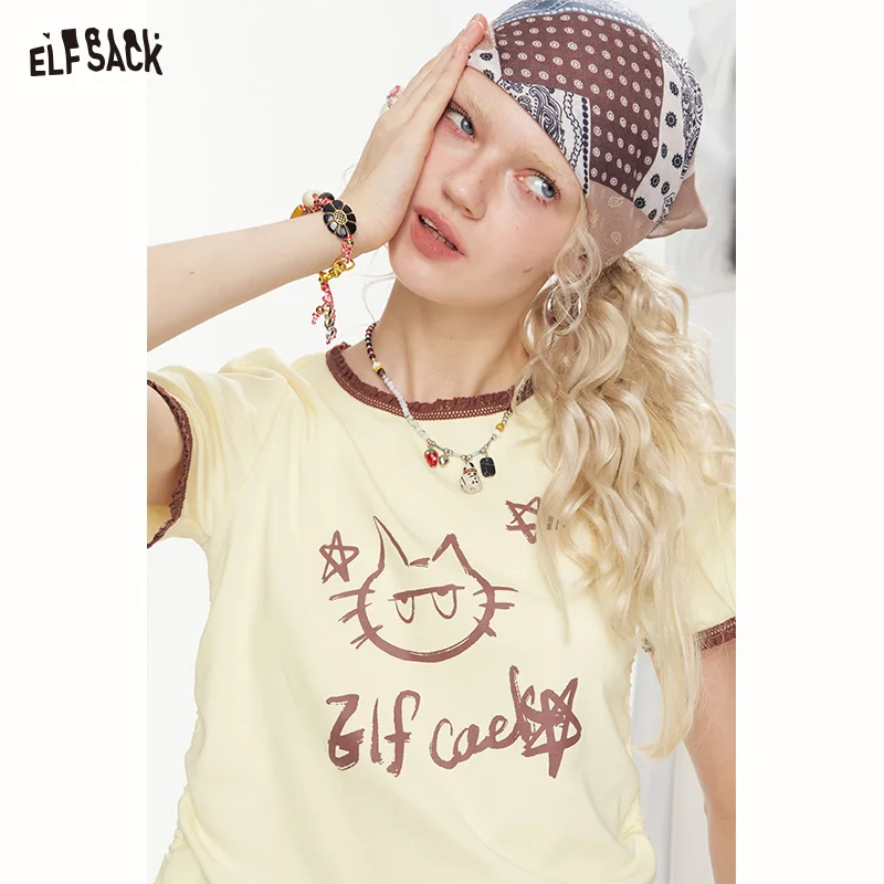 ELFSACK 2025 Summer New Arrivals Letter Printed Short Sleeve Chic T-Shirt For Women