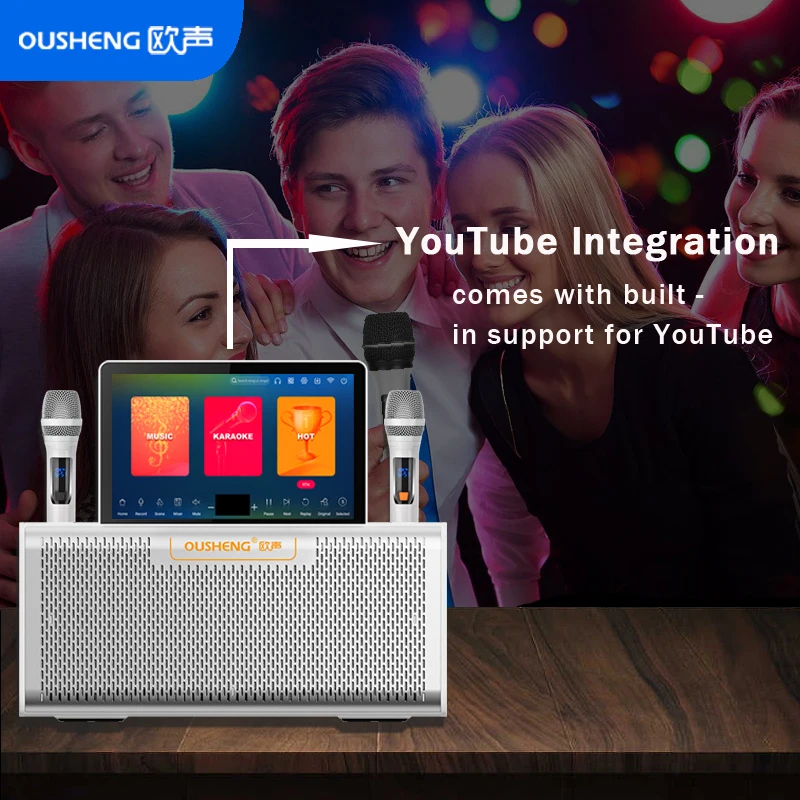 All-in-one smart Android home karaoke system with 2 wireless microphones, 10.1-inch touchscreen, 64 GB storage space, metal