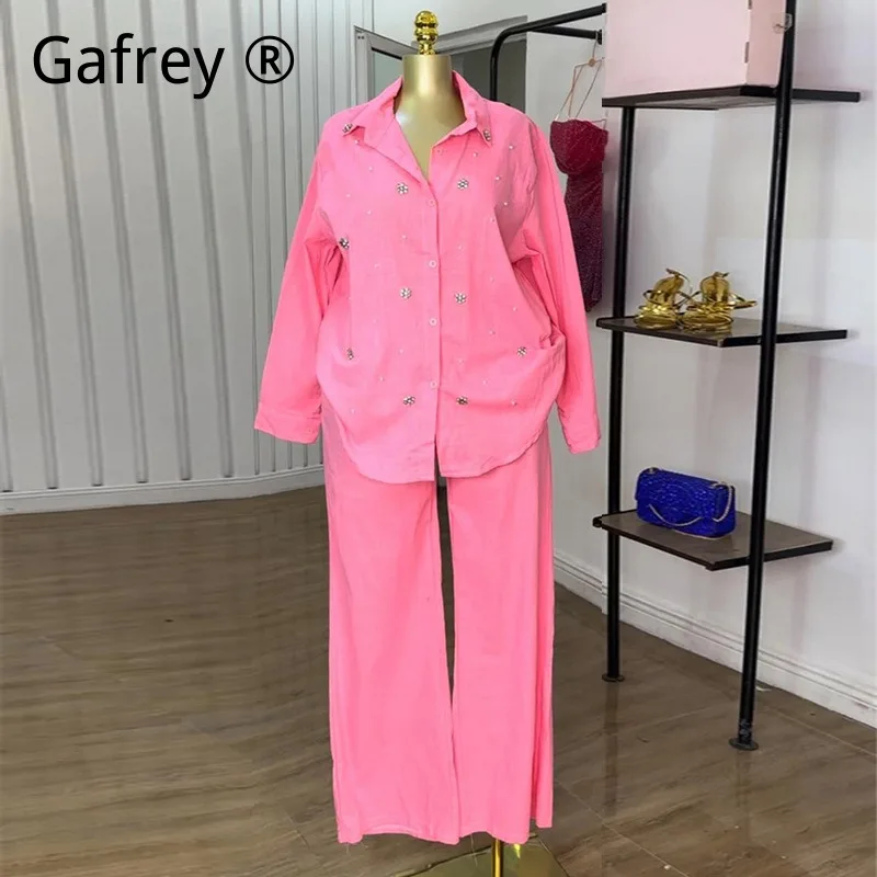 

Women Sweet Beaded Collared Long Sleeve Shirt High Waist Straight Leg Pants Set Fresh Elegant 2 Piece Co-ord Office Lady Outfit