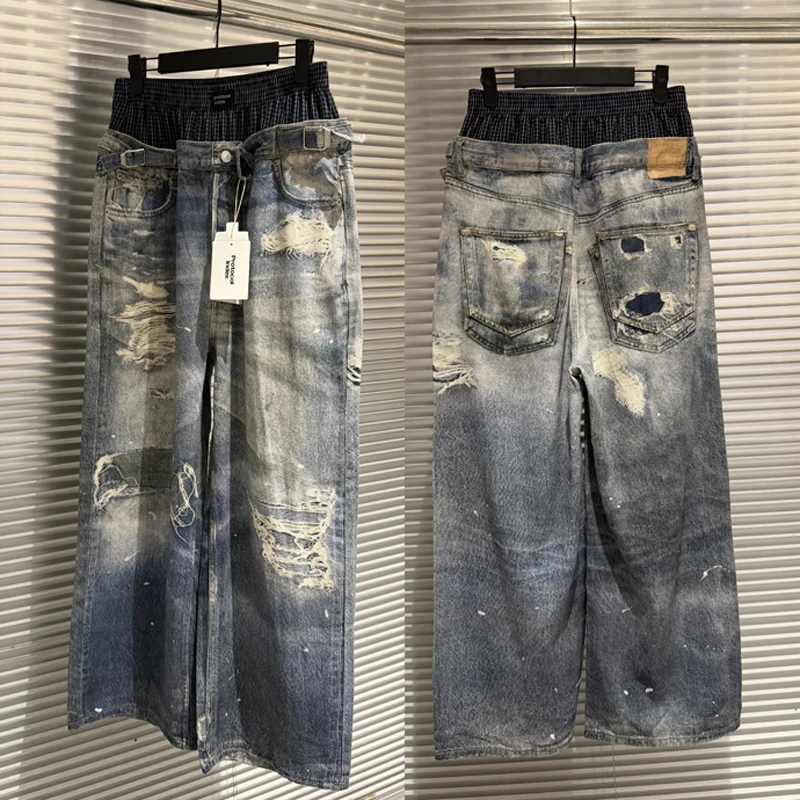 Trend Fashion Street Style Fake Two Piece Double Waist 3D Printed Digital Printed Ripped Baggy Protocol Index Jeans